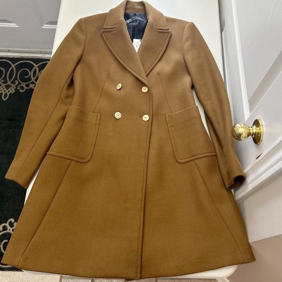 Zara Women's Coat Wool Blend Double-Breasted Tailored Toffee Brown Small NWT - Picture 14 of 14